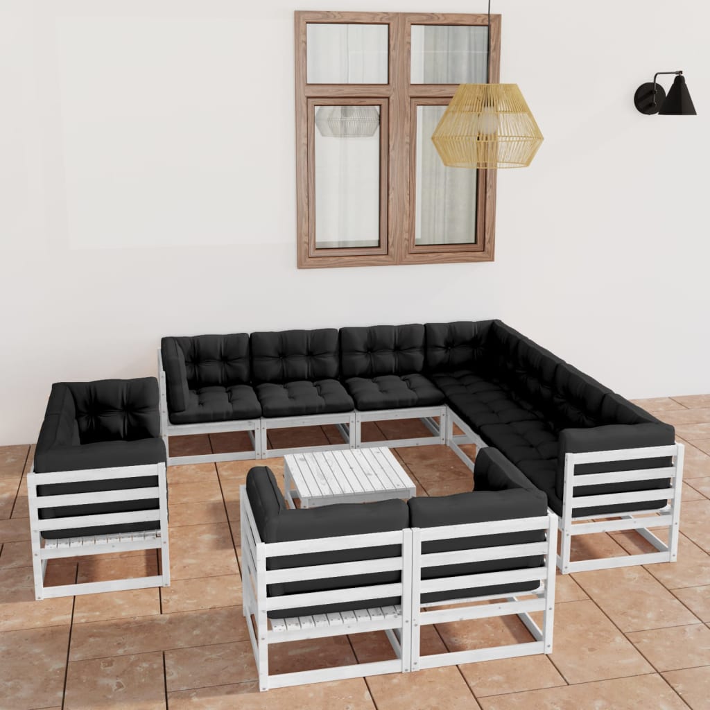 12-tlg. Garten-Lounge-Set mit Kissen Weiss Kiefer Massivholz